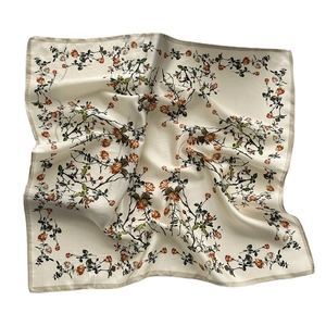 Elegant mulberry silk square scarf with vintage red rose print on creamy white background