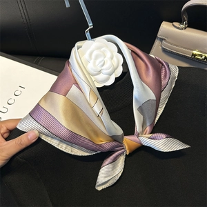 100% Mulberry silk scarf with geometric color block design and camellia flower accessory