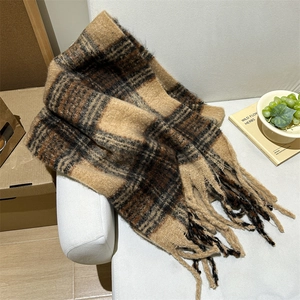 Écharpe Hiver Femme Rétro Carreaux Gland Longue Épaisse Chaude Imitation Mohair Cachemire Doux Châle Élégante