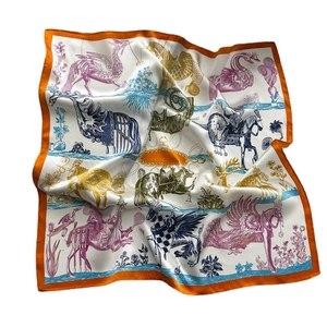 100% mulberry silk square scarf with vintage mythical prints and orange borders