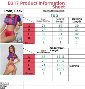 Detailed size chart for sexy soccer cheerleader uniform set featuring top and bottom measurements