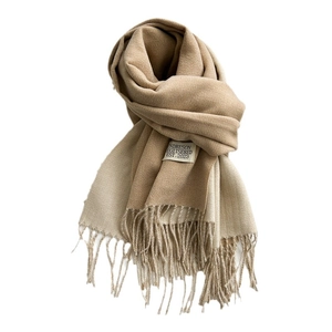 Solid khaki cashmere-feel scarf with elegant tassels and premium woven brand label