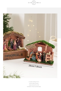 Vista detallada del pesebre navideño de madera con figuras y medida de 20 cm