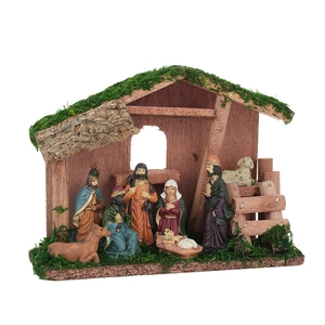 Pesebre de Navidad de madera con María, José y Jesús para decoración rústica