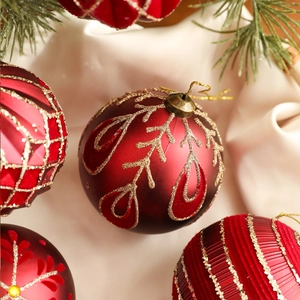 8cm red matte Christmas ball ornament with gold glitter snowflakes and hanging loop