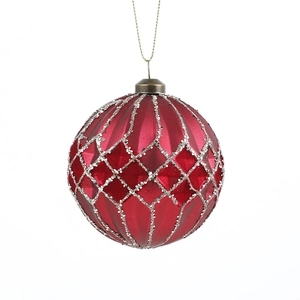 8cm red matte Christmas ball with silver glitter diamond pattern and golden string