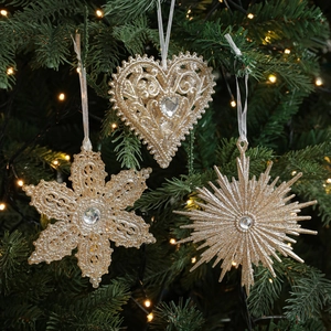 Champagne Gold Glitter Christmas Tree Hanging Ornaments Hollow Out Filigree Heart Snowflake Star Rhinestone Xmas Decoration