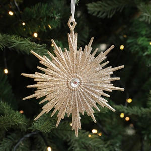 Sparkling champagne gold glitter star ornament with center gemstone for Christmas tree decor