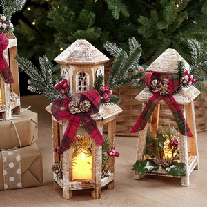 Rustic wooden Christmas lanterns with LED candles and festive pine needle accents