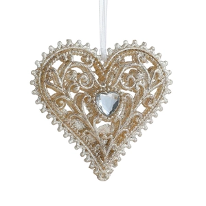 Champagne gold glitter heart ornament with hollow filigree and center crystal