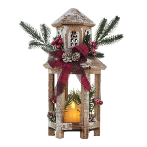 Rustic wooden Christmas lantern with LED candle, pine cones, and red plaid bow decoration