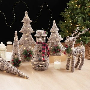 Décoration de Noël Tissée Main en Fer Lumineuse LED Bonhomme de Neige Renne Sapin Effet Neige Table Vitrine