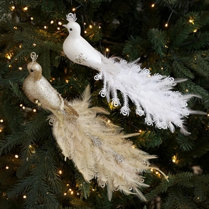 Sparkling peacock Christmas tree ornaments with sequins and long faux feather tails