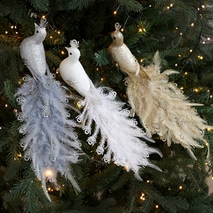 Three-piece set of glitter peacock Christmas tree ornaments with feather tails and sequins