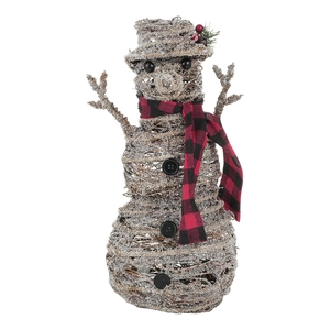 Bonhomme de neige de Noël artisanal en rotin tressé avec écharpe à carreaux et neige