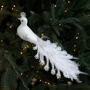 White artificial peacock Christmas tree ornament with feathers and silver sequins decoration