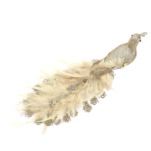 Golden peacock Christmas tree ornament with glitter finish and long feather tail decoration