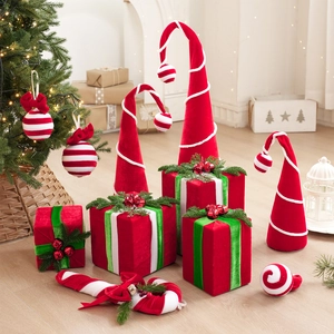 Christmas Red Green Velvet Hanging Ornaments Plush Foam Gift Box Candy Cane Xmas Tree Decoration Festive Scene Layout Decor