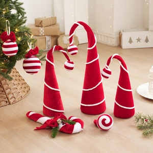 Red velvet Christmas cone ornaments and candy cane decorations for tree styling