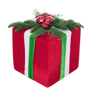 Red velvet Christmas gift box ornament with green stripes and metal bells for tree decor