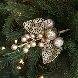 Golden Christmas tree pick with glitter leaves, berries and crystal ball ornaments