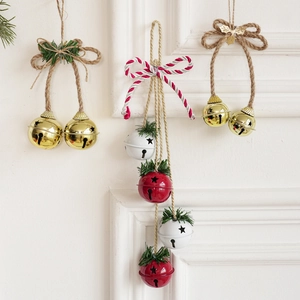 Christmas Hanging Bell Ornaments Iron Metal Star Cut-Out Retro Jute Rope Bow Artificial Pine Needles Holiday Door Wall Decor