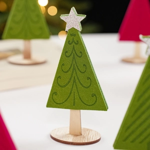 Green and red felt Christmas tree tabletop decor with wooden base and star topper