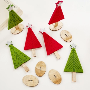 Minimalist red and green felt Christmas tree table decor with wooden base and silver star