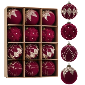 Set de 12 bolas de Navidad flocadas rojo vino con purpurina dorada y caja regalo