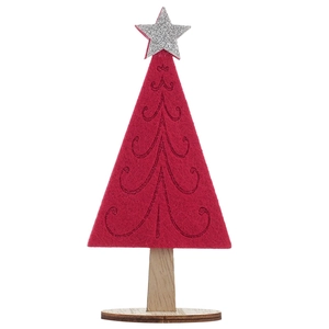 Red felt Christmas tree table ornament with wooden base and silver star topper