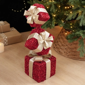 Three-tier red glitter Christmas gift boxes stacked with champagne gold bows for decor