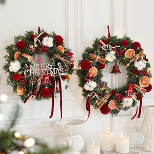 Handmade Christmas Wreath With LED Lights Wooden Merry Christmas Sign Artificial Pine Needles Red Berries Cotton Cinnamon For Festive Door Wall Decor