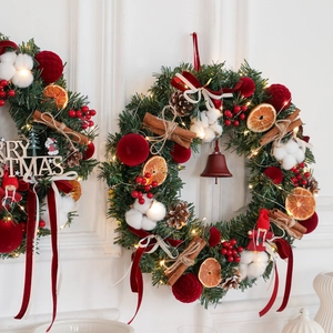 Luxurious Burgundy Christmas wreath with LED lights, cotton, and dried orange decor