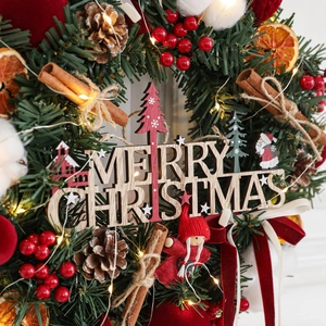 Burgundy Christmas wreath with LED lights, pine cones and Merry Christmas wood sign