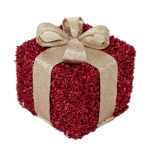 Three-piece red Christmas gift box set with gold glitter bows for festive home decoration