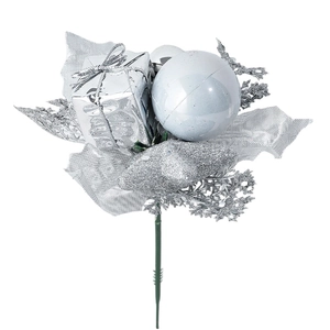 Silver Christmas pick featuring a gift box, glitter leaves, and a shiny bauble ornament