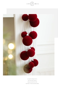 Detail of red flocked Christmas ball garland with velvet texture hanging on white background