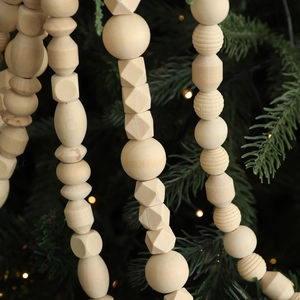 Extra long natural wooden bead garland with geometric shapes for Christmas tree decor