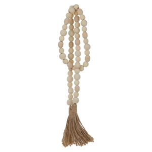 Long wooden bead garland with natural round and geometric beads and rustic hemp tassels