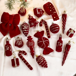 Luxury burgundy flocked Christmas ornaments set with gold glitter on white silk