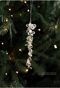 Macro detail of transparent acrylic crystal grape pendant on Christmas tree branch