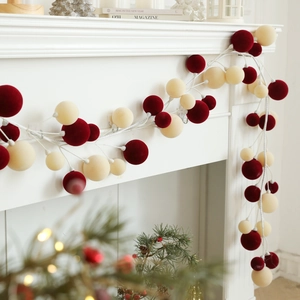 1.8M Christmas velvet ball garland in deep red and cream for holiday wall decoration