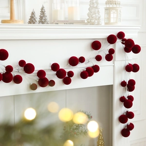 1.8M dark red flocked ball garland for Christmas fireplace and wall decoration