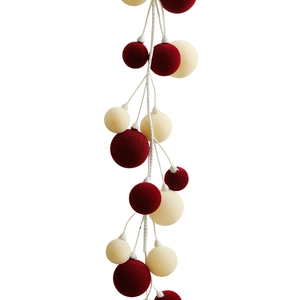 1.8m Christmas garland with red and cream flocked velvet baubles on white branch