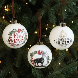 Set de tres bolas de Navidad de cristal blanco de 8 cm con diseños de renos y Papá Noel