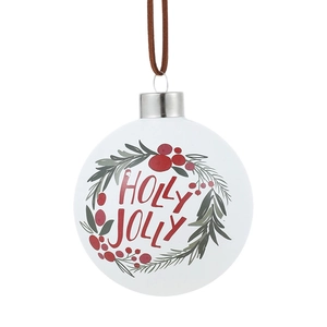 Bola de Navidad blanca de 8cm con diseño de corona Holly Jolly y cuerda para colgar
