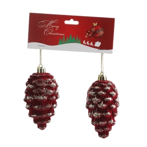 Two burgundy flocked pinecone Christmas ornaments with silver glitter on white background
