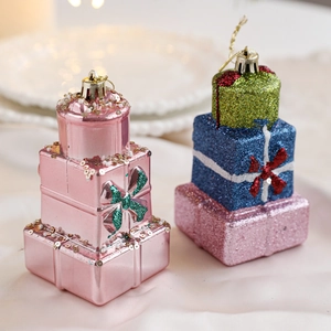Lot de deux ornements de boîtes cadeaux de Noël avec paillettes et nœuds festifs colorés