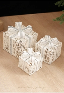 Three-piece white hollow Christmas gift box set with silver glitter bows decoration