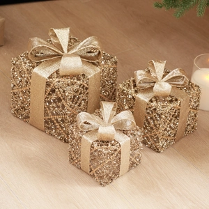 Three-piece set of golden glitter Christmas gift box ornaments with shiny bows